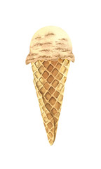 Watercolor ice cream chocolate ball in a waffle cone. Hand drawn illustration on a white background.