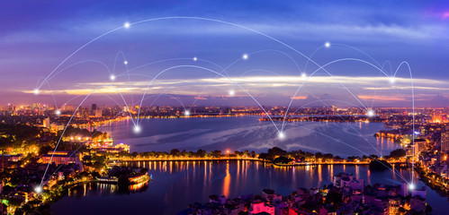 Smart city and wireless communication network concept. Digital network connection lines of Hanoi...