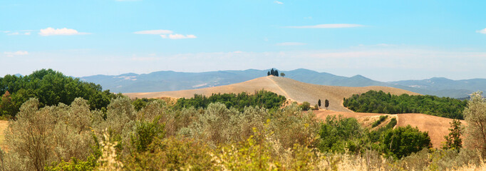 Panoramic summer view of Tuscan landscape. Volterra suburbs. Italy.