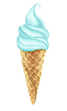 Watercolor turquoise ice cream in a waffle cone. Hand-drawn illustration on a white background.