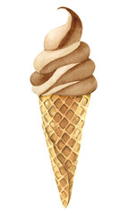 Watercolor two-color chocolate-vanilla ice cream in a waffle cone. Hand drawn illustration on a white background.