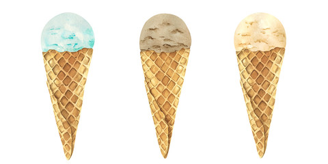 Watercolor set of ice cream balls in a waffle cone. Hand-drawn illustration on a white background.