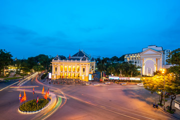 Fototapeta na wymiar Aerial skyline view of Hanoi city, Vietnam. Hanoi cityscape by sunset period at August Revolution Square, with Hanoi Opera House