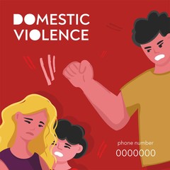 Banner about violence, threats and cruelty in the family. A man with a raised hand and a crying woman with a child. Concept of domestic violence. Protection of family interests. Vector illustration.