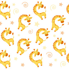 Cute giraffe and stars on a white background seamless pattern. Vector illustration for children for baby shower