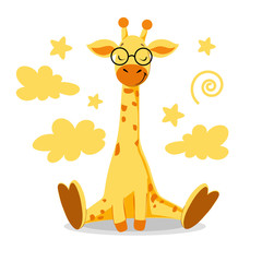 Cute giraffe in glasses on a background of yellow clouds on a white background. Vector illustration for children