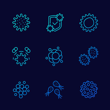 microbes, viruses and bacteria icons, line vector set