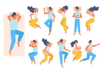 sleeping couple. family characters have a rest in band night relax different poses. vector male female sleeping top view