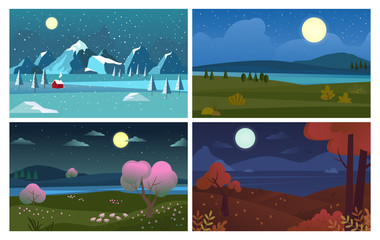 night landscape. four season backgrounds night view summer winter autumn spring moonlight and sky. vector illustrations