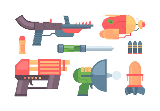 futuristic guns. toys colored funny weapons handgun and laser blasters for space battles. vector pistols collection for kids