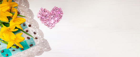 heart a grain black coffee, with yellow flowers a Valentine's day mother woman Easter day with love together with a place for text