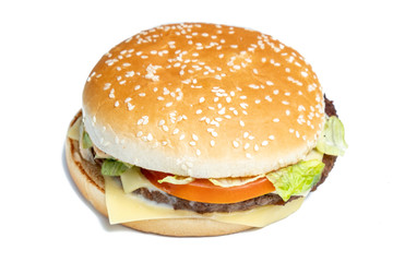 Burger side view on a white background. Isolated.