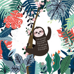 Cute sloth in spring forest pattern