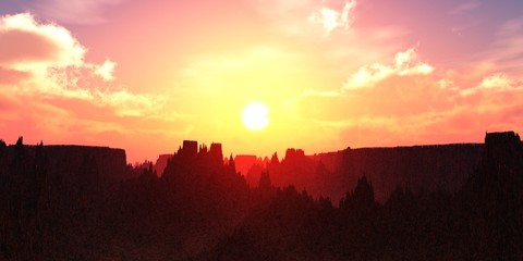 Sunset in the Martian canyon, beautiful sky at sunset over the mountains, 3D rendering