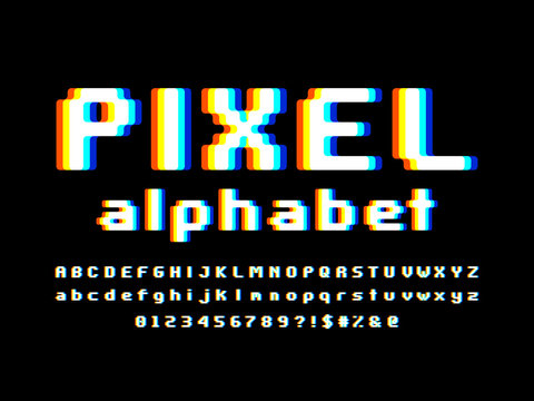 glitch style font with uppercase, lowercase, numbers and symbol