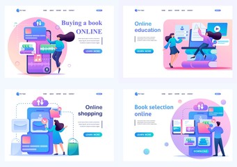 Set 2D Flat concepts Selection of books for learning and recreation through the mobile app. For Landing page concepts and web design
