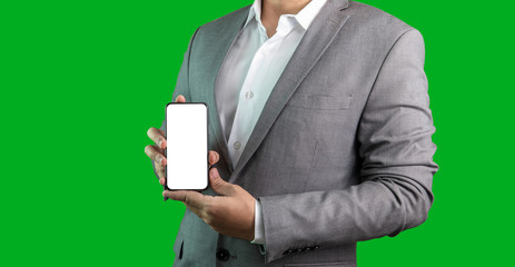 Business man holding phone show application insert to display isolated and green screen background
