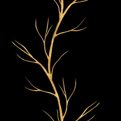 Gold dry branch. Seamless border isolated on black