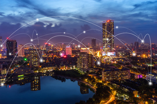 Smart city and wireless communication network concept. Digital network connection lines of Hanoi city