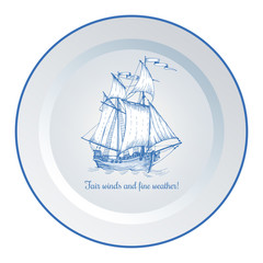 Vintage ship sailboat. The image on decorative wall plate. The interior decoration in the style of Dutch ceramics.