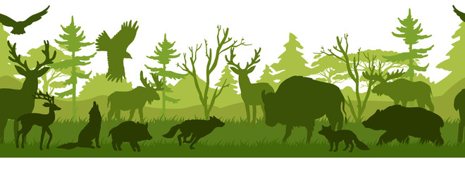 Horizontal seamless landscape with forest animals’ silhouettes. Coniferous woods with bear, wolf, fox, stag, deer, eagle, falcon, buffalo, pig. Green wildlife background for prints, advertisements