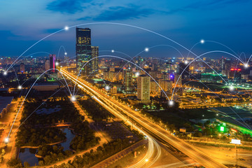 Fototapeta na wymiar Smart city and wireless communication network concept. Digital network connection lines of Hanoi city