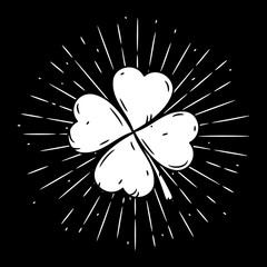 Clover leaf. Hand drawn vector illustration with clover leaf and divergent rays. Used for poster, banner, web, t-shirt print, bag print, badges, flyer, logo design and more.
