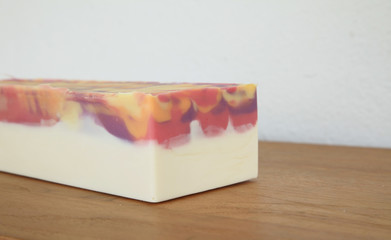 Handmade cold process peach soap on display