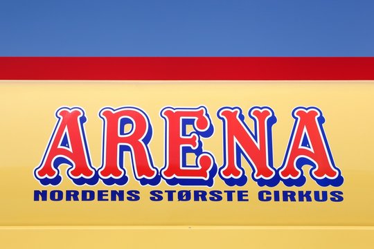 Aarhus, Denmark - April 19, 2019: Cirkus Arena sign. Cirkus Arena is a Danish circus founded in 1955. It is today the largest circus in the Nordic region