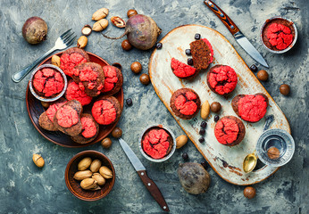 Vegetarian beetroot muffins.
