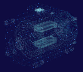 Engine wireframe made of blue lines with luminous lights on a dark background. View isometric. 3D. Vector illustration