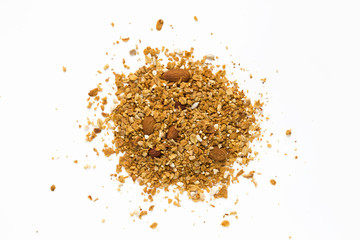 Granola multigrain isolated on white background. Healthy food. Flat lay, top view