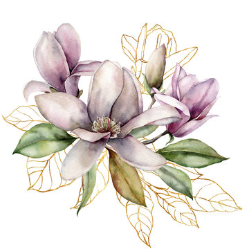 watercolor magnolia flowers with gold outline clip art preview