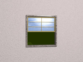 Sash window made of stone and wood on MISTY ROSE wall opened to outside grass and blue sky with light reflection. 3D illustration