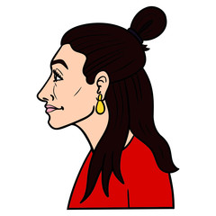 beautiful brown-haired woman in profile with yellow earrings and red top. isolated, comic, illustration, avatar.