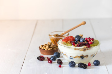 Plain yogurt with strawberry, blueberries, kiwi, granola, pomegranate in a glass bowl and honey on white wooden texture, healthy food and plant-based food concept