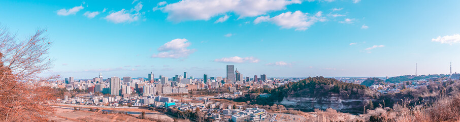 Fototapeta na wymiar Panoramic photo of Sendai City from high angle in Daytime with bright bluesky and cloud