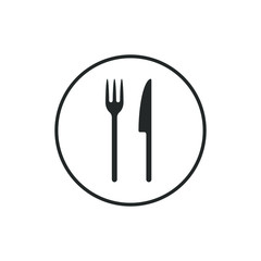 Fork and knife icon logo. Simple flat shape sign. Restaurant cafe kitchen diner place menu symbol. Vector illustration image. black silhouette isolated on white background.