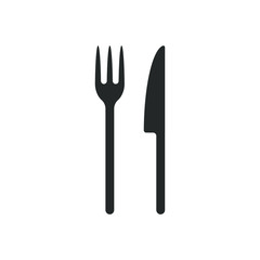 Fork and knife icon logo. Simple flat shape sign. Restaurant cafe kitchen diner place menu symbol. Vector illustration image. black silhouette isolated on white background.