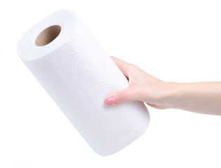 Roll white paper towel napkin in hand on white background isolation