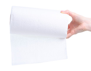 Roll white paper towel napkin in hand on white background isolation