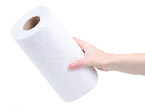 Roll White Paper Towel Napkin In Hand On White Background Isolation