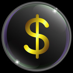 Illustration of simple and realistic US dollar currency sign or symbol with gold gradient closed in transparent soap bubble for business, financial, banking and web projects and designs.