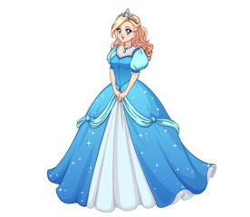Pretty anime princess standing and wearing blue ball dress. Blonde curly hair, big blue eyes. © TomatoLaccoon