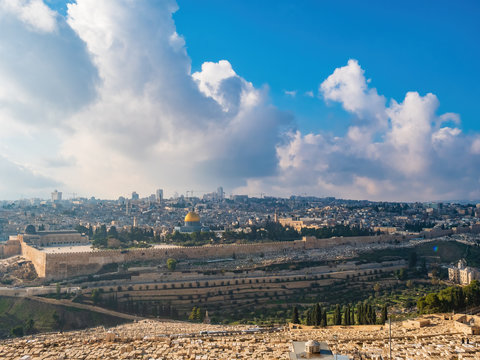 Panorama of the Temple Mount, including Al-Aqsa Mosque, and Dome of the Rock, Jerusalem