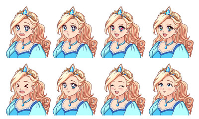 A set of cute anime princess with different expressions. Blonde hair, big blue eyes, blue dress.