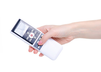 Remote control from air conditioner in hand on white background isolation