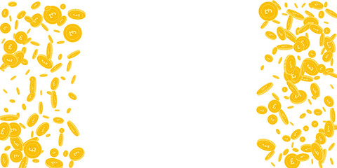 British pound coins falling. Scattered disorderly 