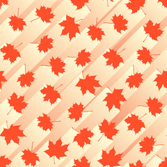 Seamless white abstract background of red maple leaves with stripes of light behind.