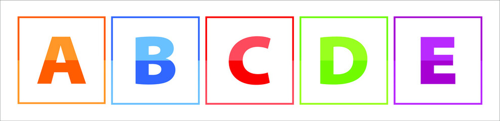 The colorful A,B,C,D letters, made with orange- red, purple, blue, green color. Each letter is in the frame and the background is  white 